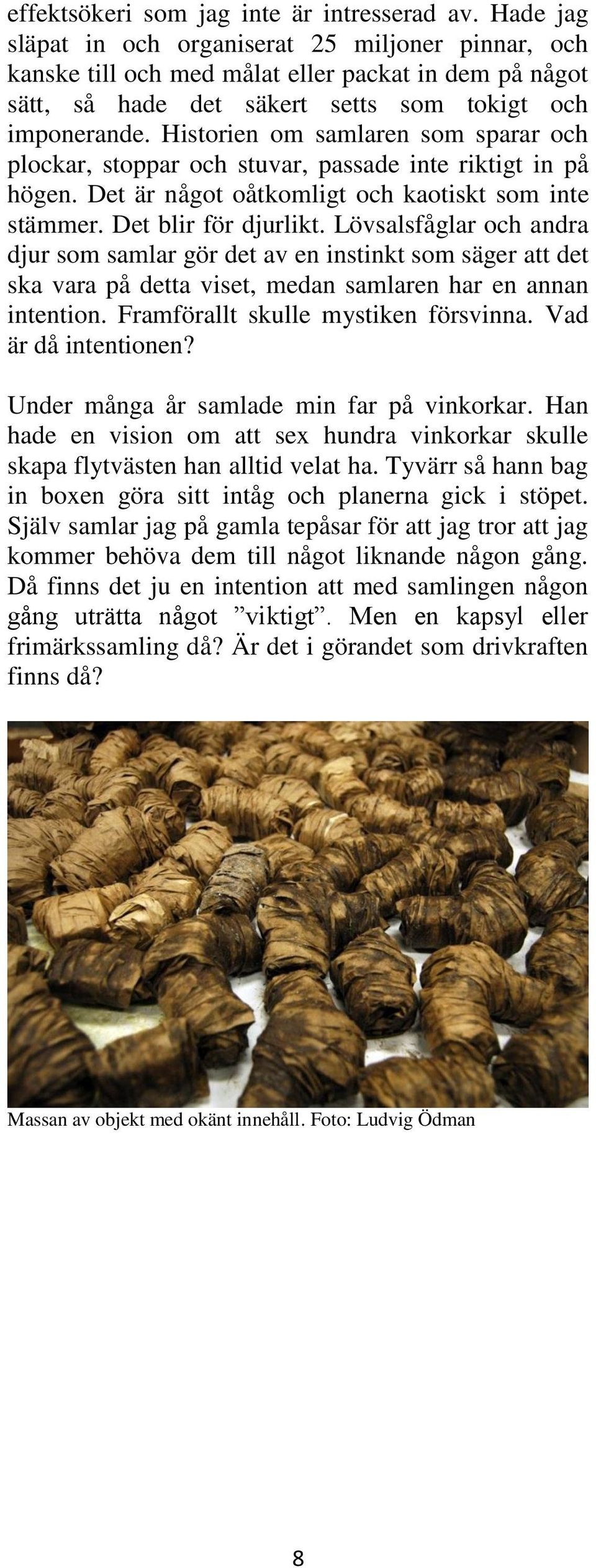 Historien om samlaren som sparar och plockar, stoppar och stuvar, passade inte riktigt in på högen. Det är något oåtkomligt och kaotiskt som inte stämmer. Det blir för djurlikt.