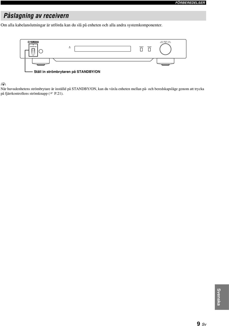 ENTER SELECT PUSH LINK SOURCE OFF Ställ in strömbrtaren på STANDBY/ON När huvudenhetens