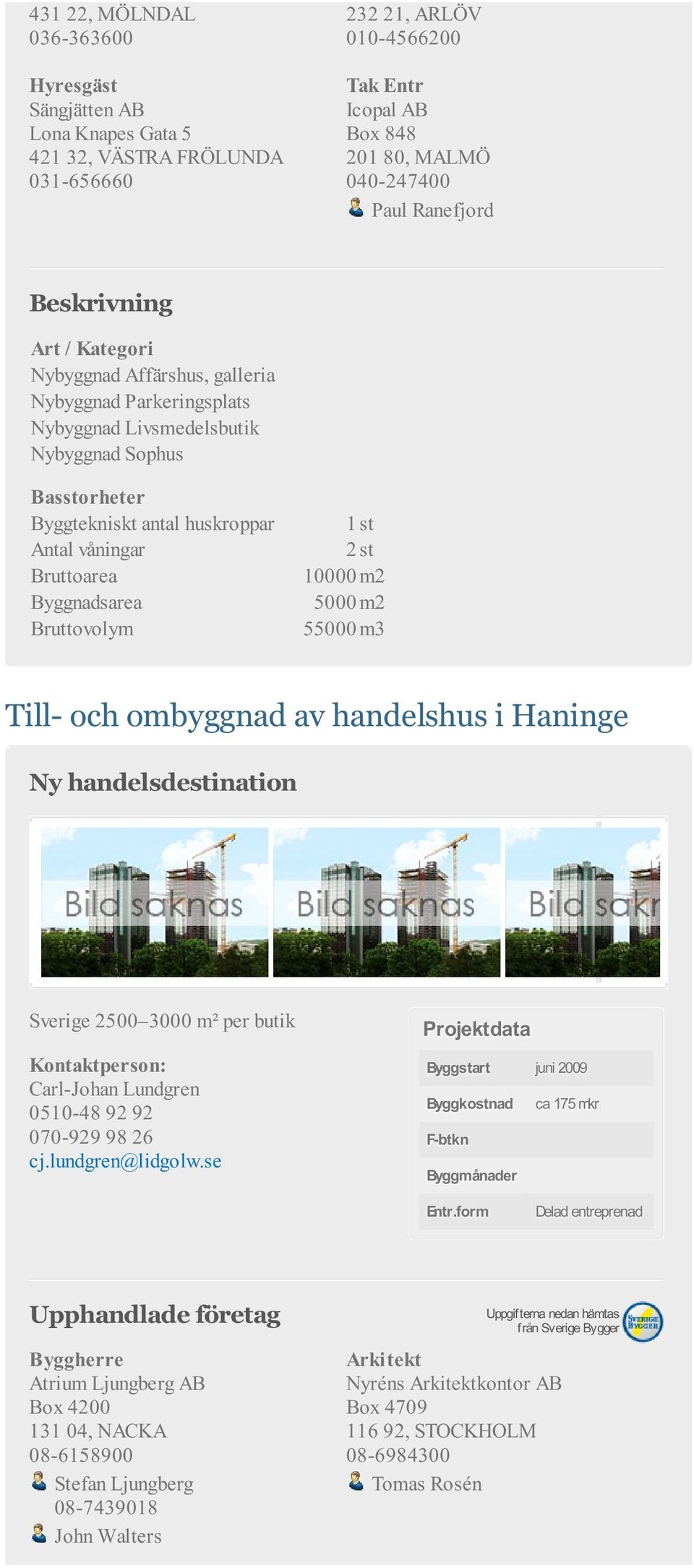 m2 Bruttovolym 55000 m3 Till- och ombyggnad av handelshus i Haninge Ny handelsdestination Byggstart juni 2009 Byggkostnad ca 175 mkr F-btkn Byggmånader Delad entreprenad