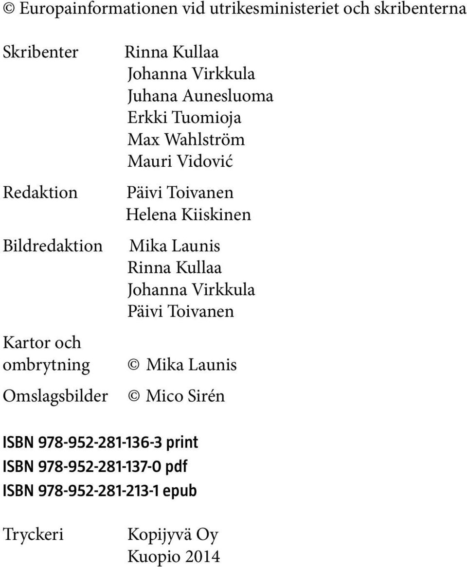 Vidović Päivi Toivanen Helena Kiiskinen Mika Launis Rinna Kullaa Johanna Virkkula Päivi Toivanen Mika Launis