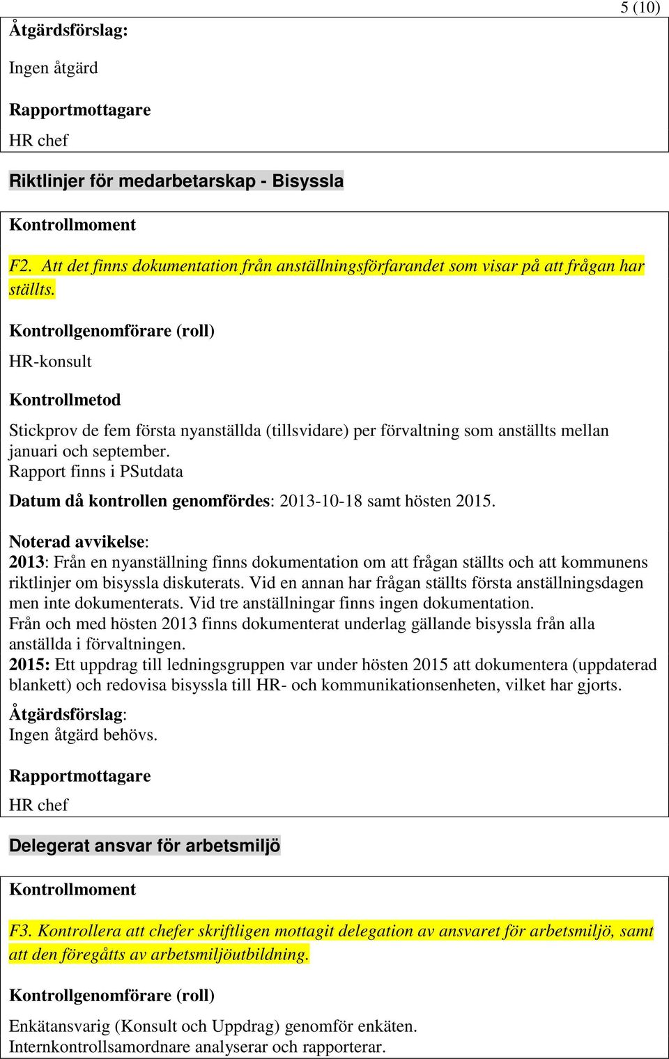 Rapport finns i PSutdata Datum då kontrollen genomfördes: 2013-10-18 samt hösten 2015.