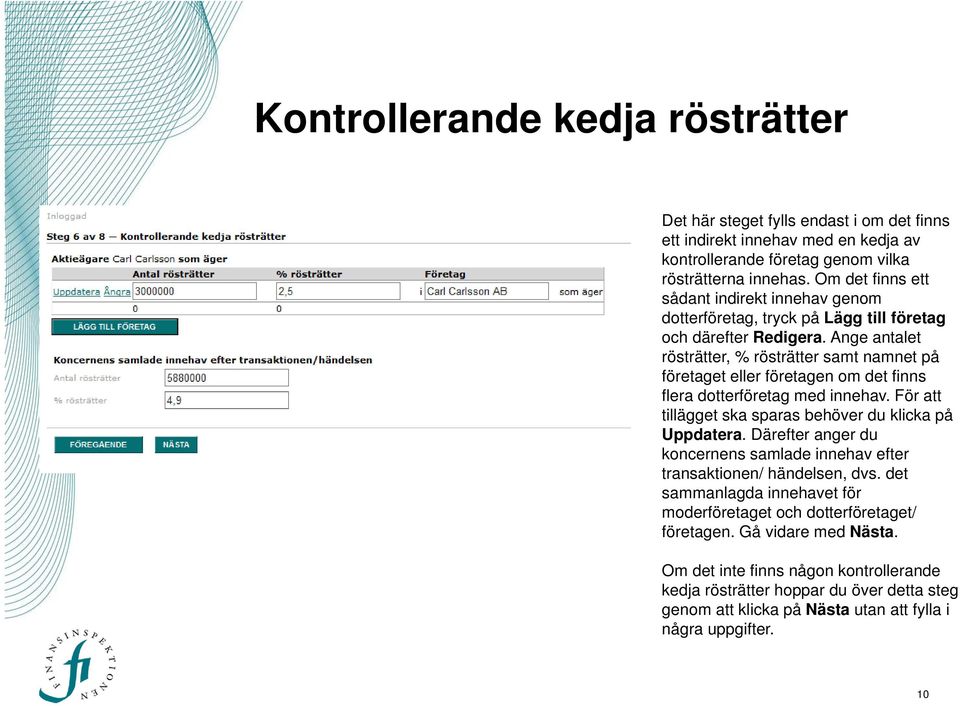 Ange antalet rösträtter, % rösträtter samt namnet på företaget eller företagen om det finns flera dotterföretag med innehav. För att tillägget ska sparas behöver du klicka på Uppdatera.