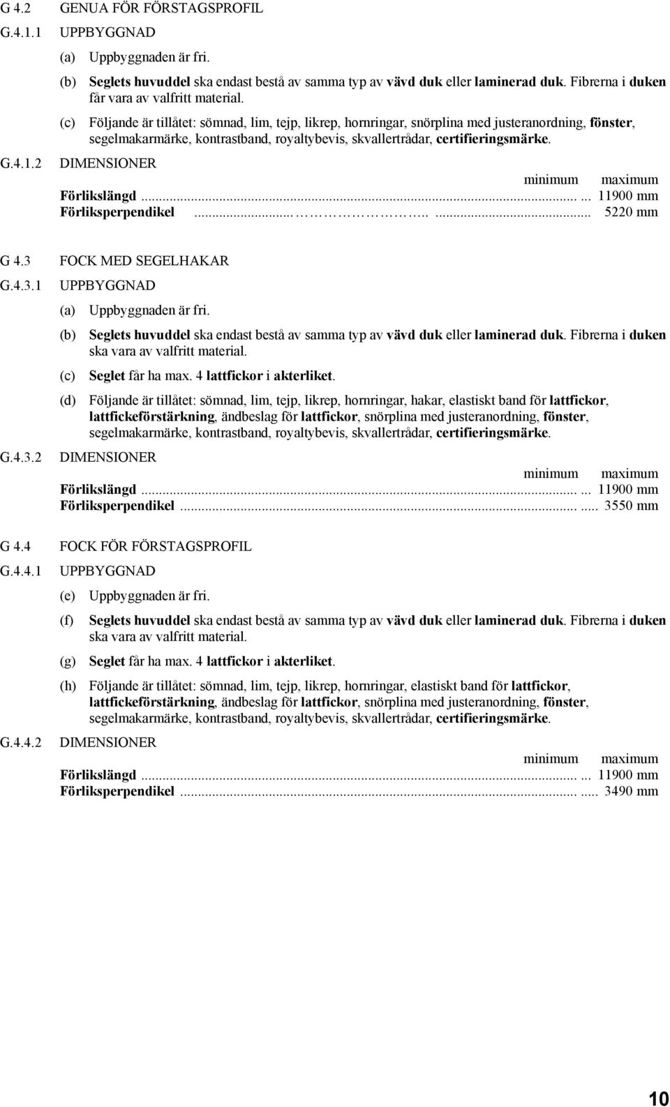 (c) Följande är tillåtet: sömnad, lim, tejp, likrep, hornringar, snörplina med justeranordning, fönster, segelmakarmärke, kontrastband, royaltybevis, skvallertrådar, certifieringsmärke. Förlikslängd.