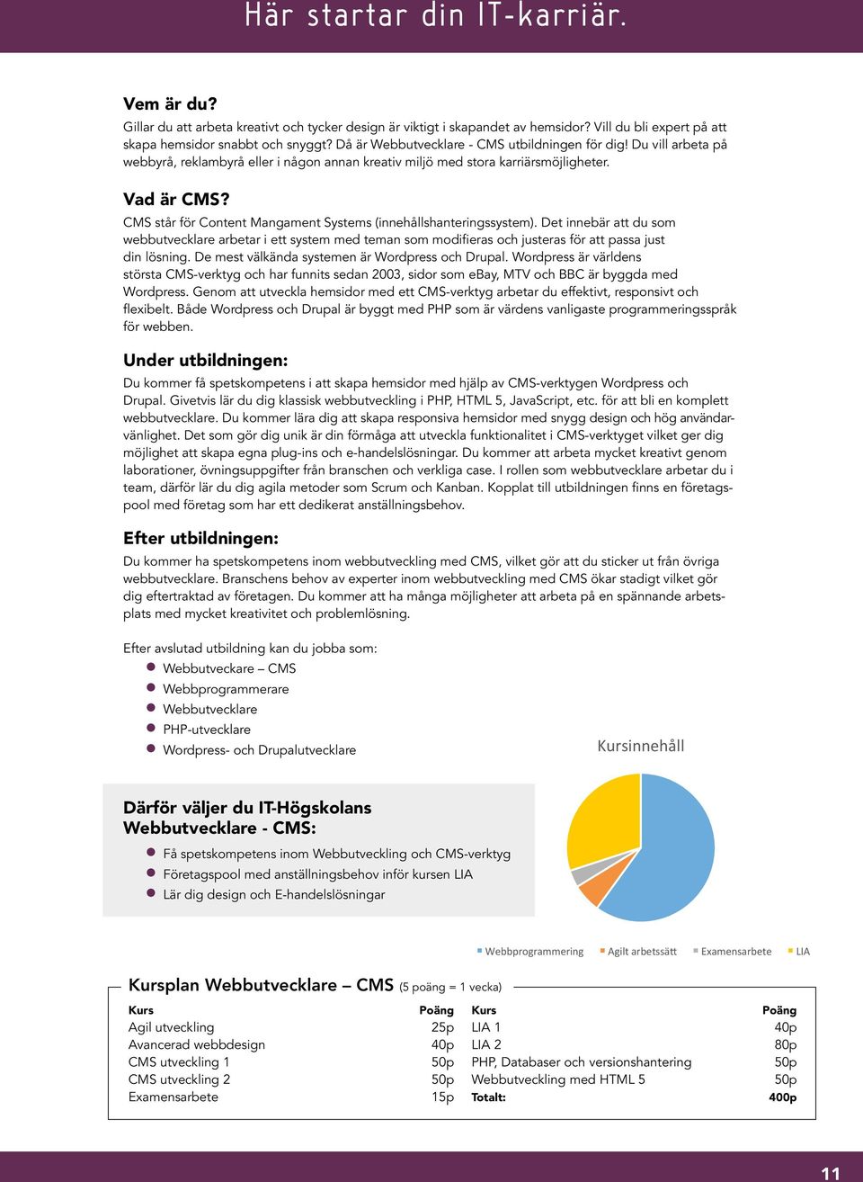 CMS står för Content Mangament Systems (innehållshanteringssystem). Det innebär att du som webbutvecklare arbetar i ett system med teman som modifieras och justeras för att passa just din lösning.
