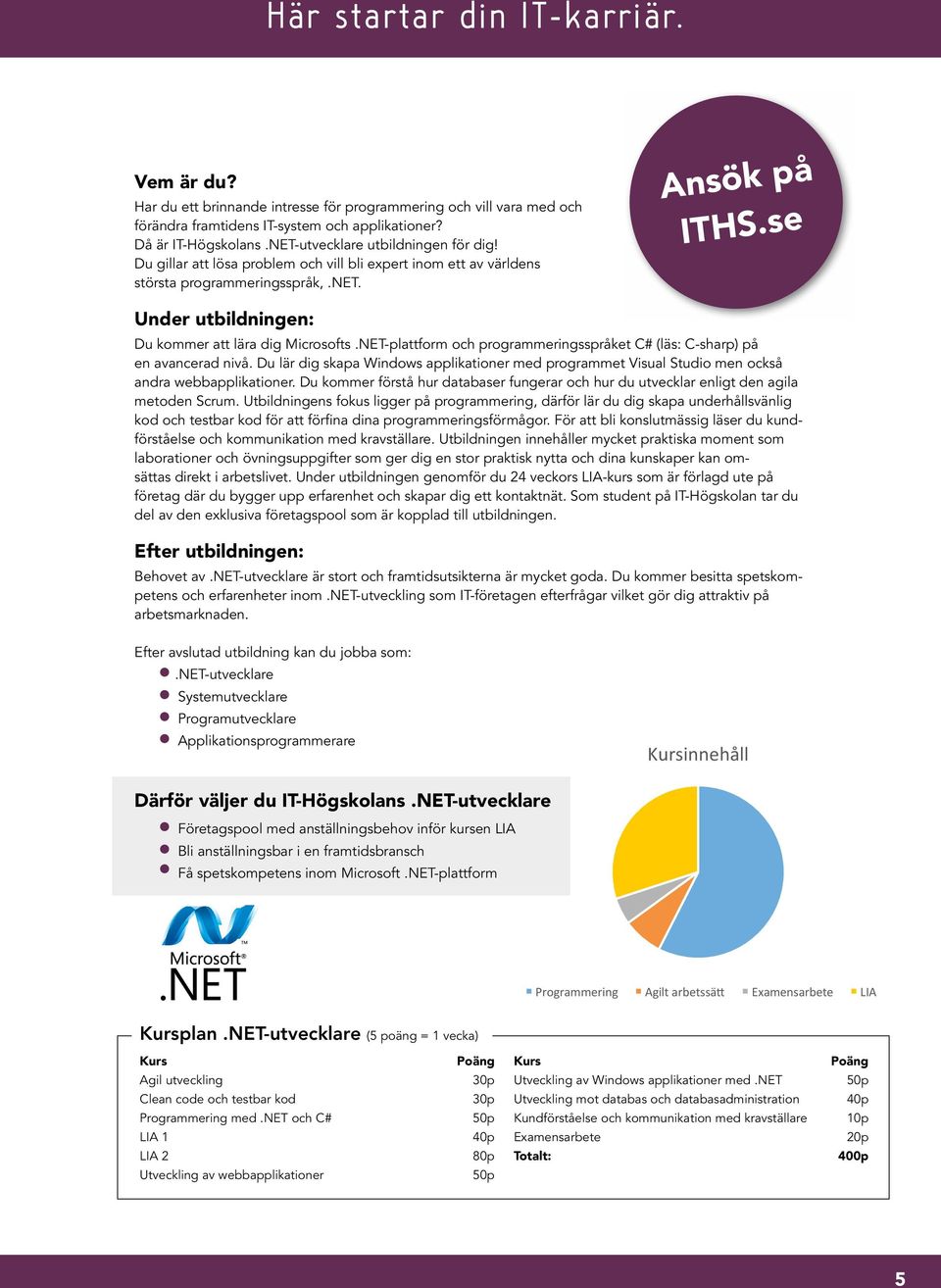 NET-plattform och programmeringsspråket C# (läs: C-sharp) på en avancerad nivå. Du lär dig skapa Windows applikationer med programmet Visual Studio men också andra webbapplikationer.