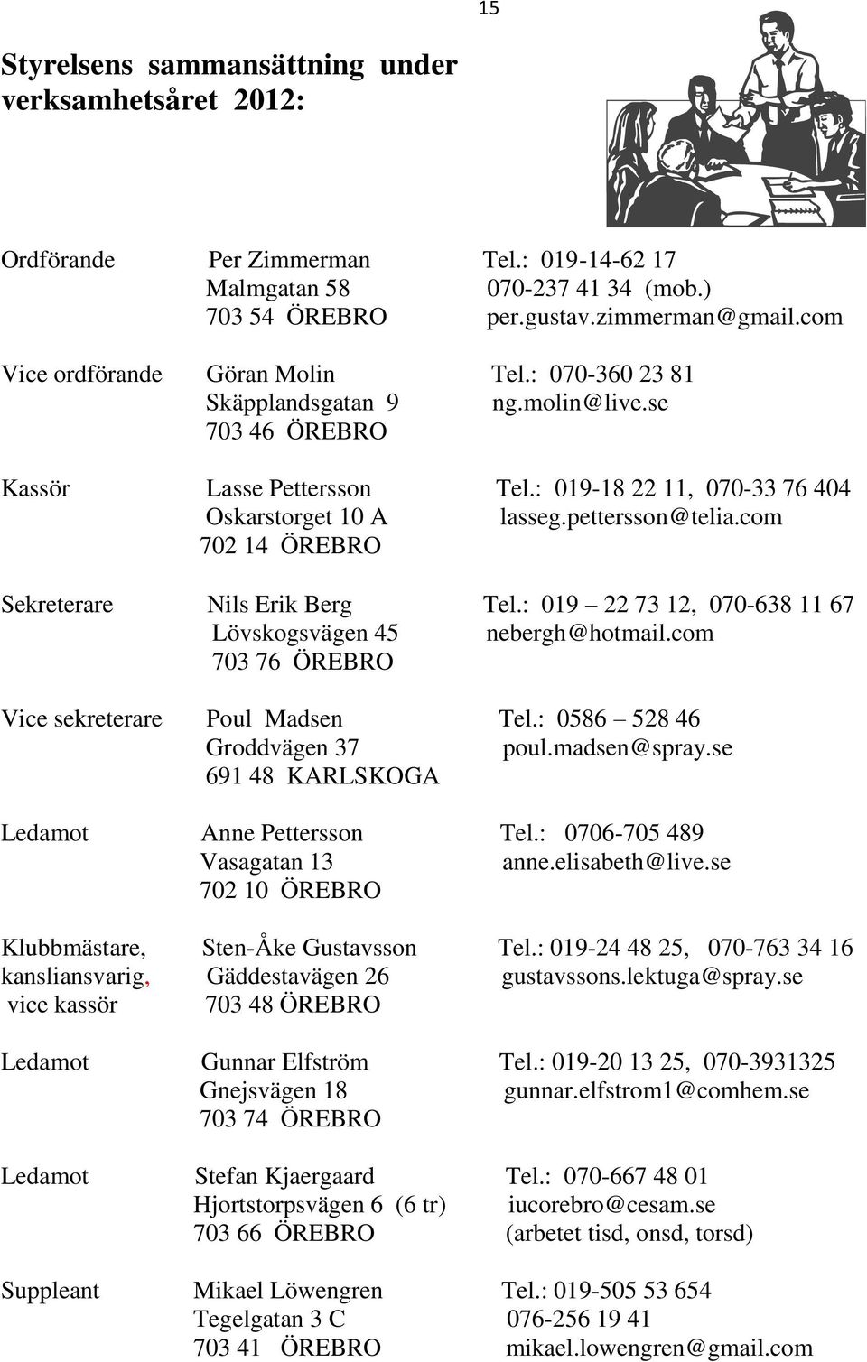 pettersson@telia.com 702 14 ÖREBRO Sekreterare Nils Erik Berg Tel.: 019 22 73 12, 070-638 11 67 Lövskogsvägen 45 nebergh@hotmail.com 703 76 ÖREBRO Vice sekreterare Poul Madsen Tel.