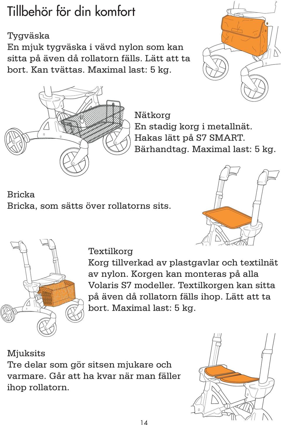 Bricka Bricka, som sätts över rollatorns sits. Textilkorg Korg tillverkad av plastgavlar och textilnät av nylon.