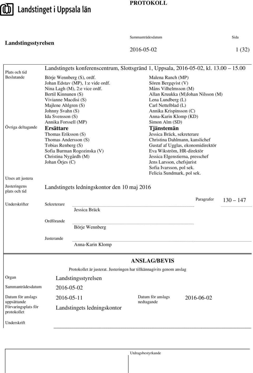 Bertil Kinnunen (S) Vivianne Macdisi (S) Majlene Ahlgren (S) Johnny Svahn (S) Ida Svensson (S) Annika Forssell (MP) Ersättare Thomas Eriksson (S) Thomas Andersson (S) Tobias Renberg (S) Sofia Burman