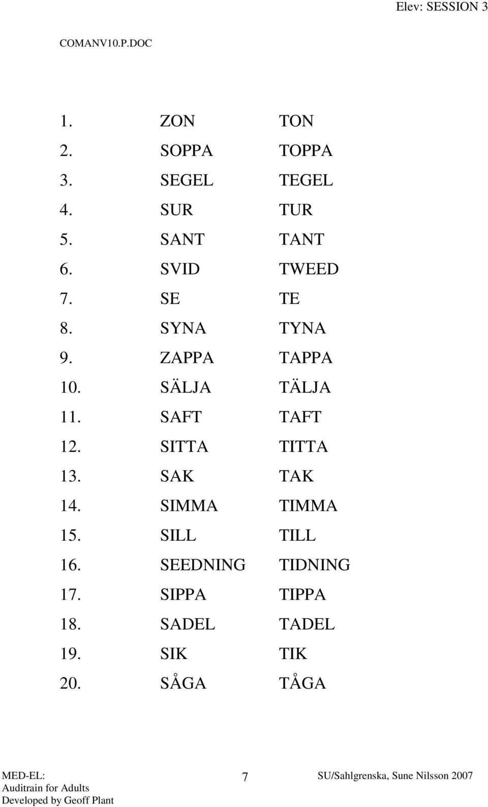 SÄLJA TÄLJA 11. SAFT TAFT 12. SITTA TITTA 13. SAK TAK 14. SIMMA TIMMA 15.
