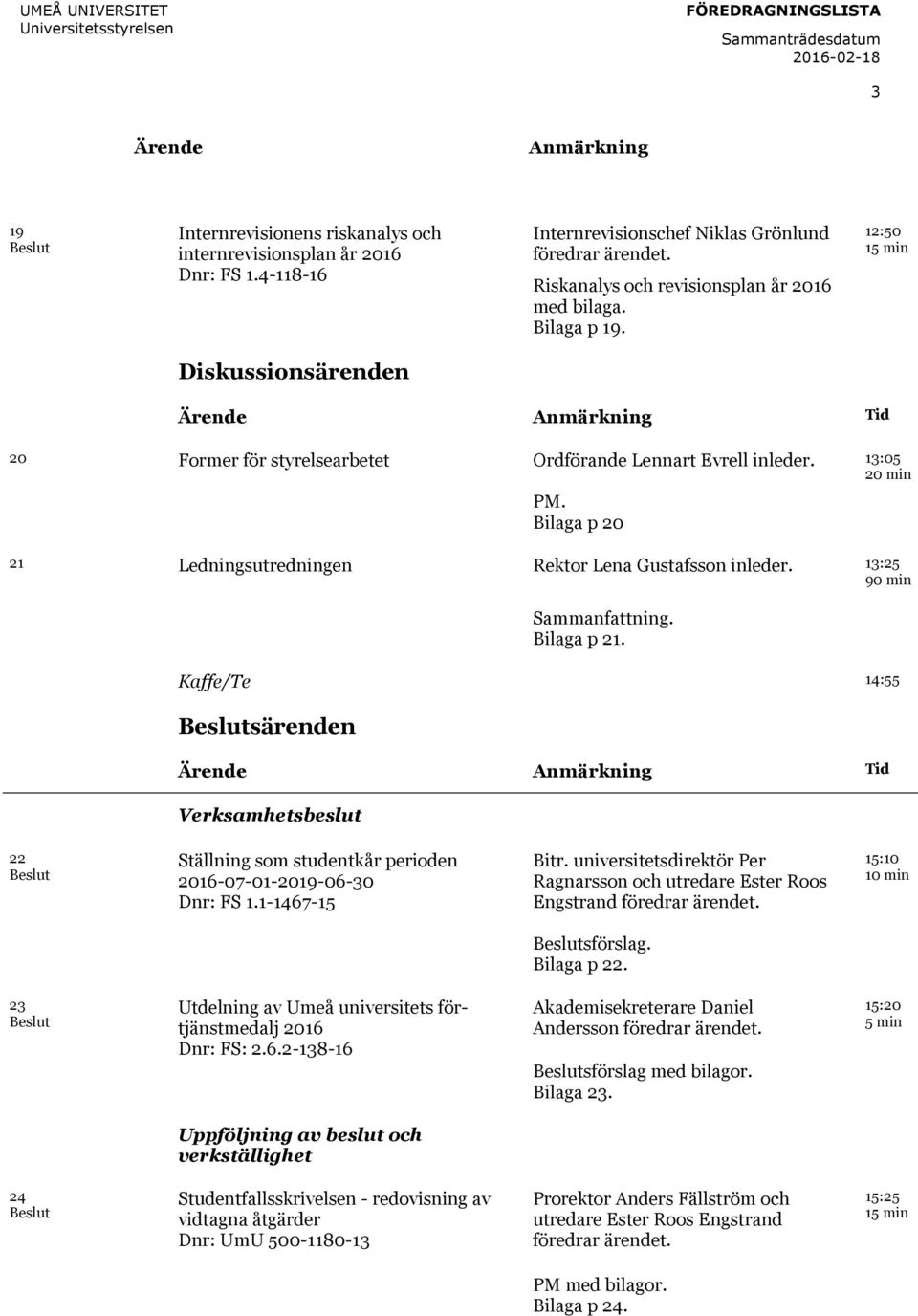 12:50 15 min Diskussionsärenden Ärende Anmärkning Tid 20 Former för styrelsearbetet Ordförande Lennart Evrell inleder. PM. Bilaga p 20 21 Ledningsutredningen Rektor Lena Gustafsson inleder.