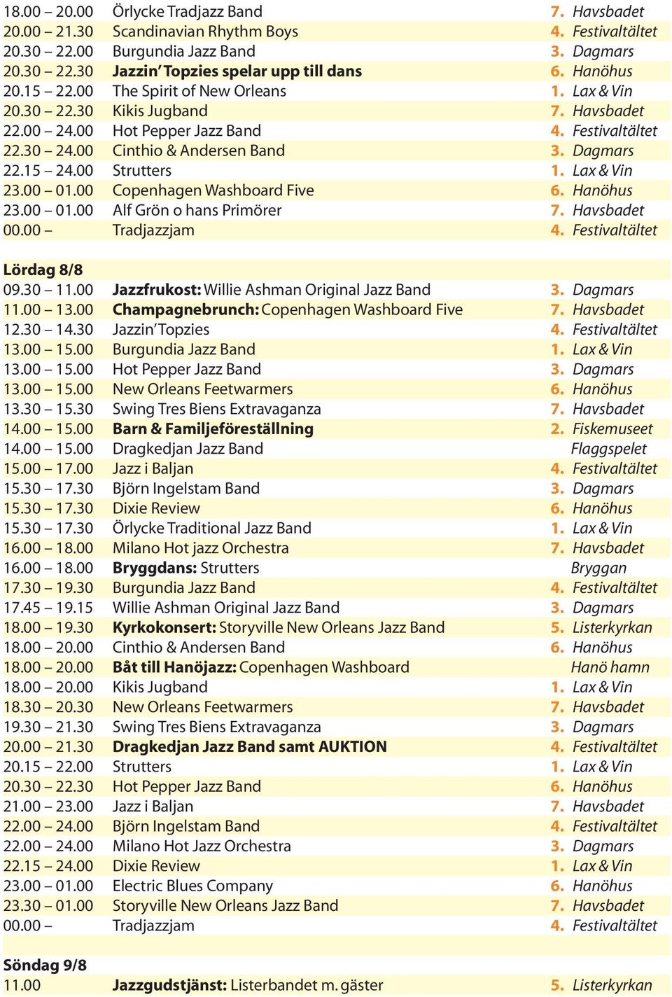 15 24.00 Strutters 1. Lax & Vin 23.00 01.00 Copenhagen Washboard Five 6. Hanöhus 23.00 01.00 Alf Grön o hans rimörer 7. Havsbadet 00.00 Tradjazzjam 4. Festivaltältet Lördag 8/8 09.30 11.