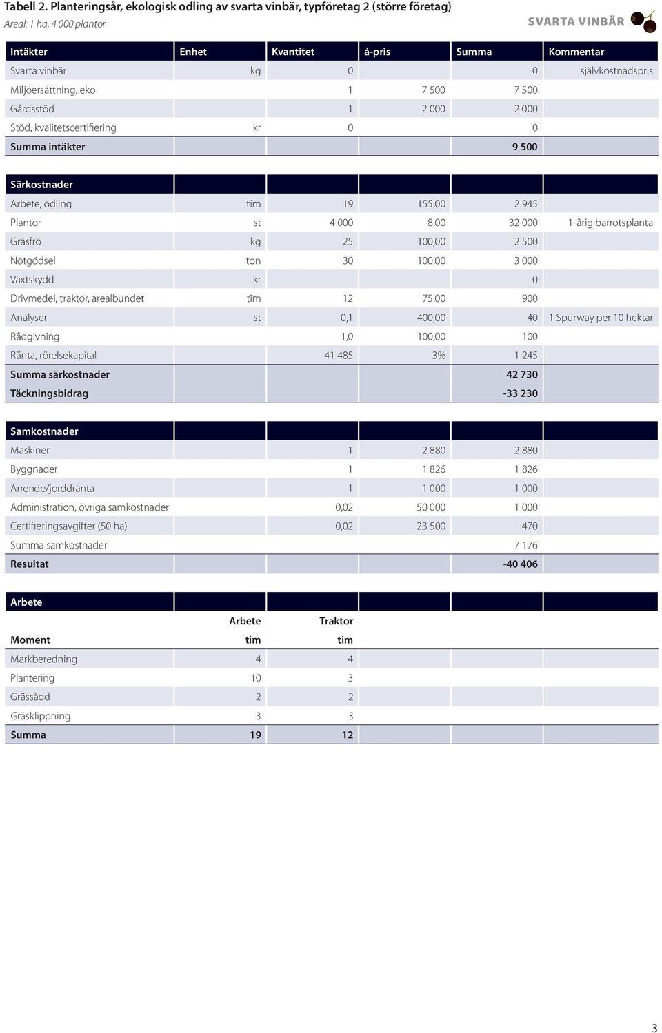 Miljöersättning, eko 1 7 500 7 500 Gårdsstöd 1 2 000 2 000 Stöd, kvalitetscertifiering kr 0 0 Summa intäkter 9 500 Särkostnader, odling tim 19 155,00 2 945 Plantor st 4 000 8,00 32 000 1-årig