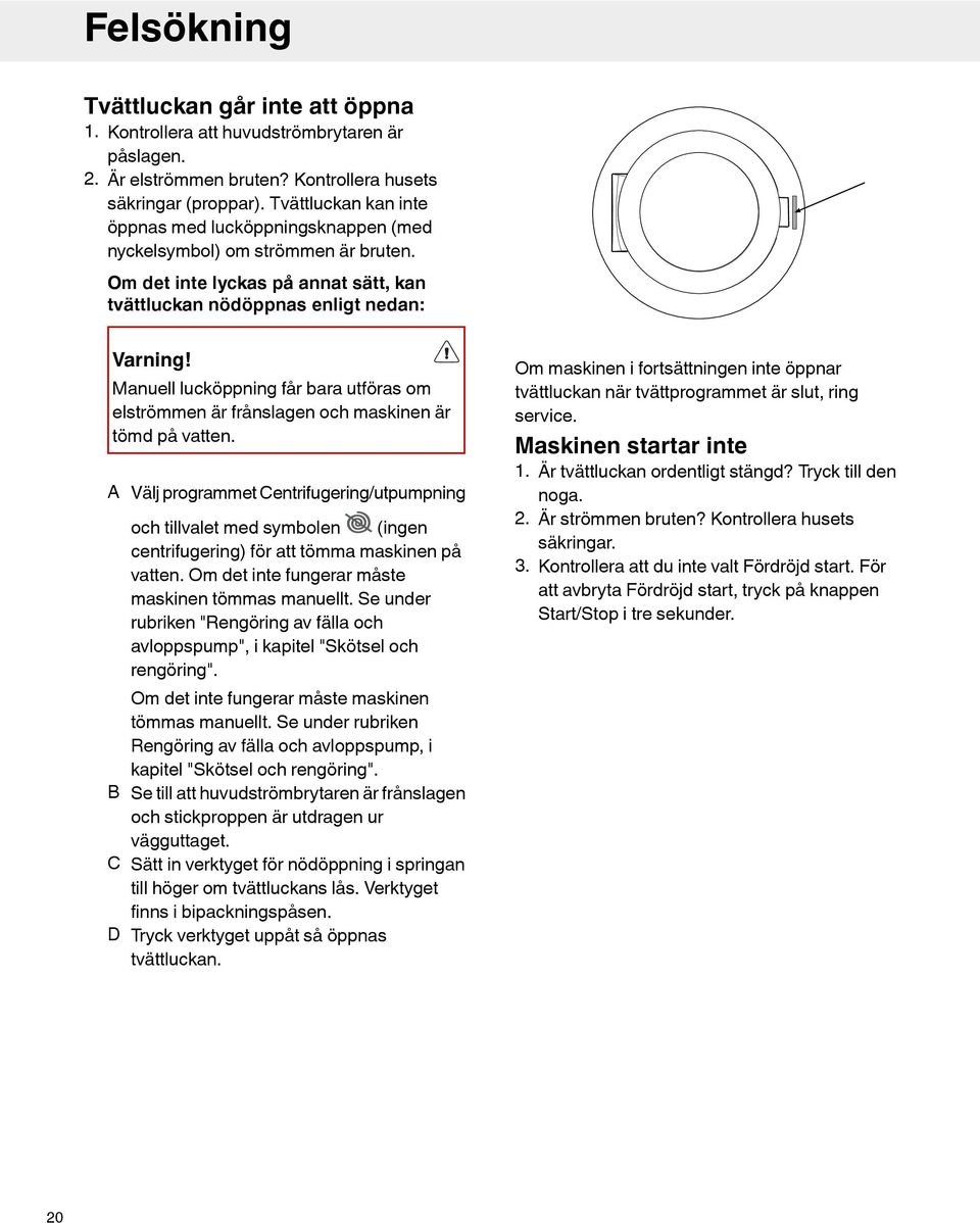 Manuell lucköppning får bara utföras om elströmmen är frånslagen och maskinen är tömd på vatten.