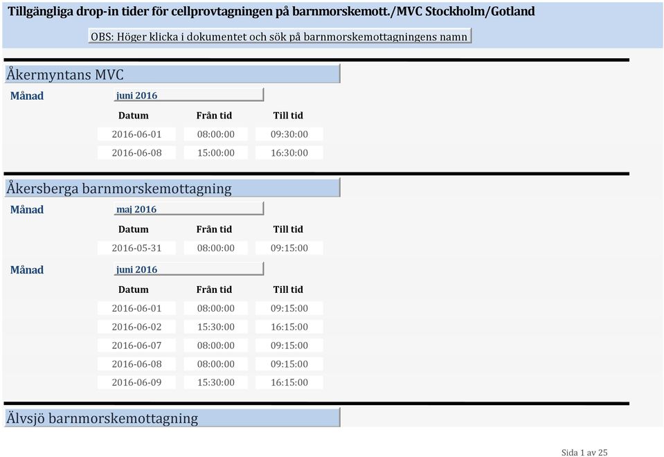 08:00:00 09:30:00 2016-06-08 15:00:00 16:30:00 Åkersberga barnmorskemottagning 2016-05-31 08:00:00 09:15:00 2016-06-01