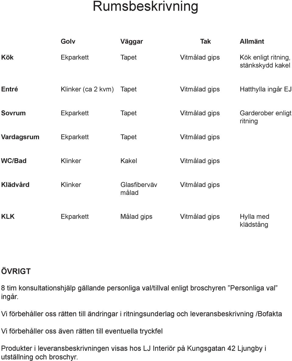 gips Vitmålad gips Hylla med klädstång ÖVRIGT 8 tim konsultationshjälp gällande personliga val/tillval enligt broschyren Personliga val ingår.