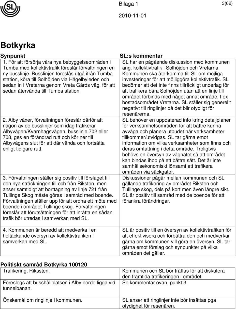 Alby växer, förvaltningen föreslår därför att någon av de busslinjer som idag trafikerar Albyvägen/Kvarnhagsvägen, busslinje 702 eller 708, ges en förändrad rutt och kör ner till Albyvägens slut för