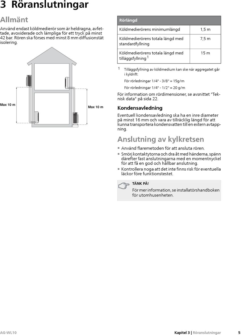 köldmedium kan ske när aggregatet går i kyldrift: För rörledningar 1/4" - 3/8" = 15g/m För rörledningar 1/4" - 1/2" = 20 g/m För information om rördimensioner, se avsnittet "Teknisk data" på sida 22.