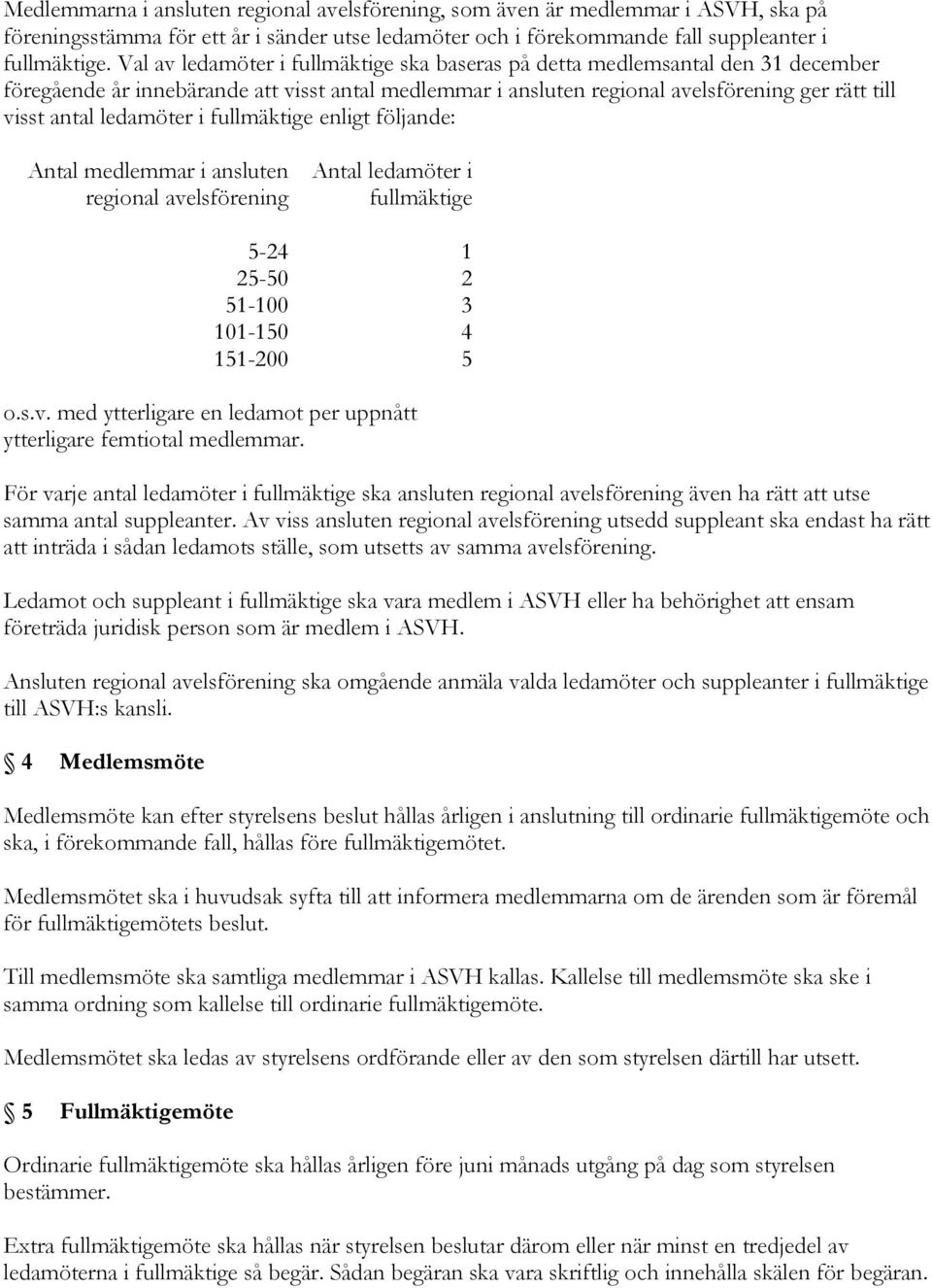 ledamöter i fullmäktige enligt följande: Antal medlemmar i ansluten regional avelsförening Antal ledamöter i fullmäktige 5-24 1 25-50 2 51-100 3 101-150 4 151-200 5 o.s.v. med ytterligare en ledamot per uppnått ytterligare femtiotal medlemmar.