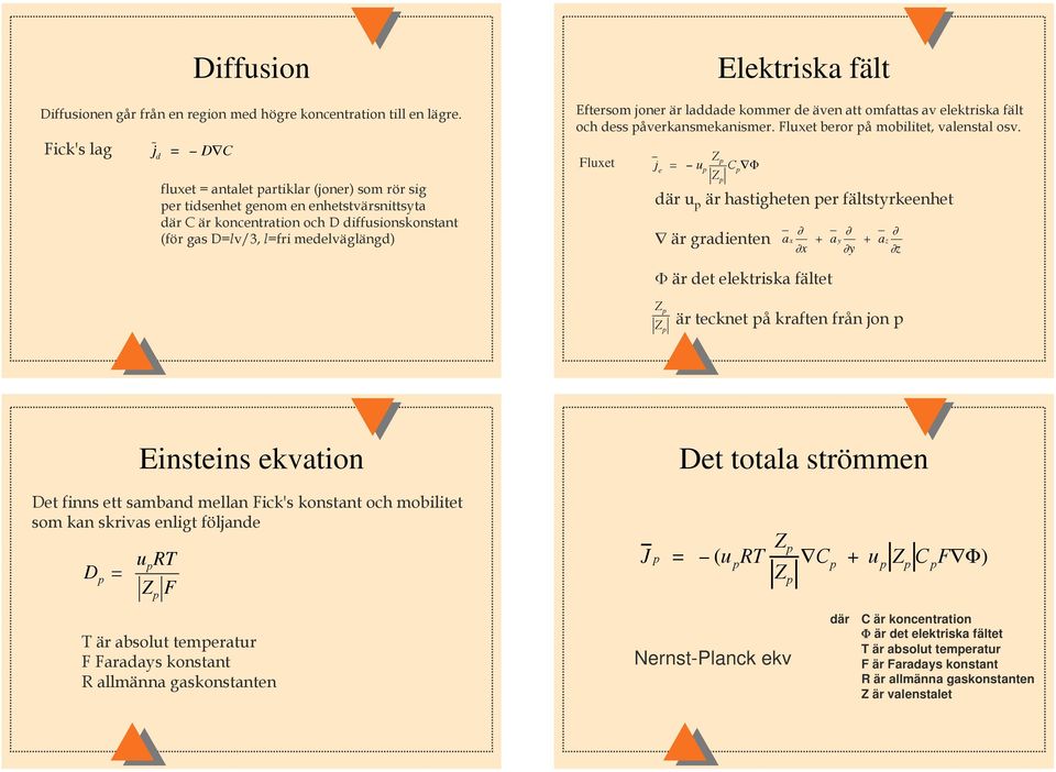Elektriska fält Eftersom joner är laddade kommer de även att omfattas av elektriska fält och dess påverkansmekanismer. Fluxet beror på mobilitet, valenstal osv.