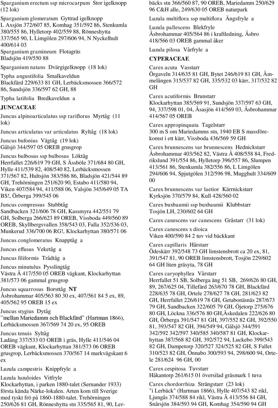 229/633 81 GH, Lerbäcksmossen 366/572 86, Sundsjön 336/597 62 GH, 88 Typha latifolia Bredkaveldun a JUNCACEAE Juncus alpinoarticulatus ssp rariflorus Myrtåg (11 lok) Juncus articulatus var