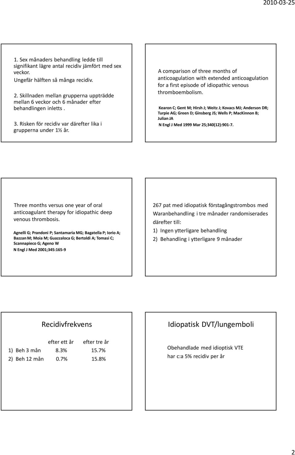 A comparison of three months of anticoagulation with extended anticoagulation for a first episode of idiopathic venous thromboembolism.
