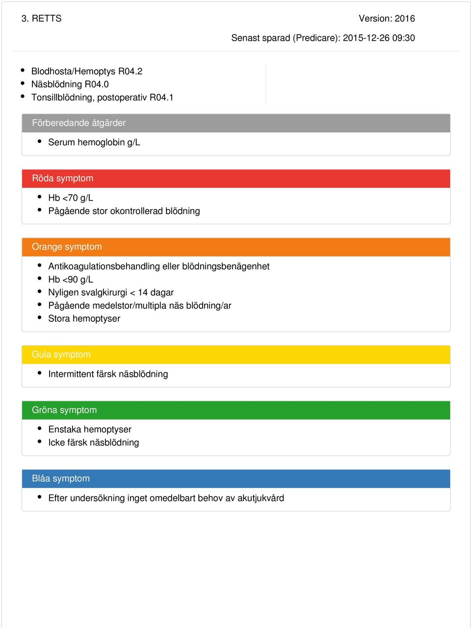 eller blödningsbenägenhet Hb <90 g/l Nyligen svalgkirurgi < 14 dagar Pågående medelstor/multipla näs blödning/ar Stora hemoptyser Gula symptom