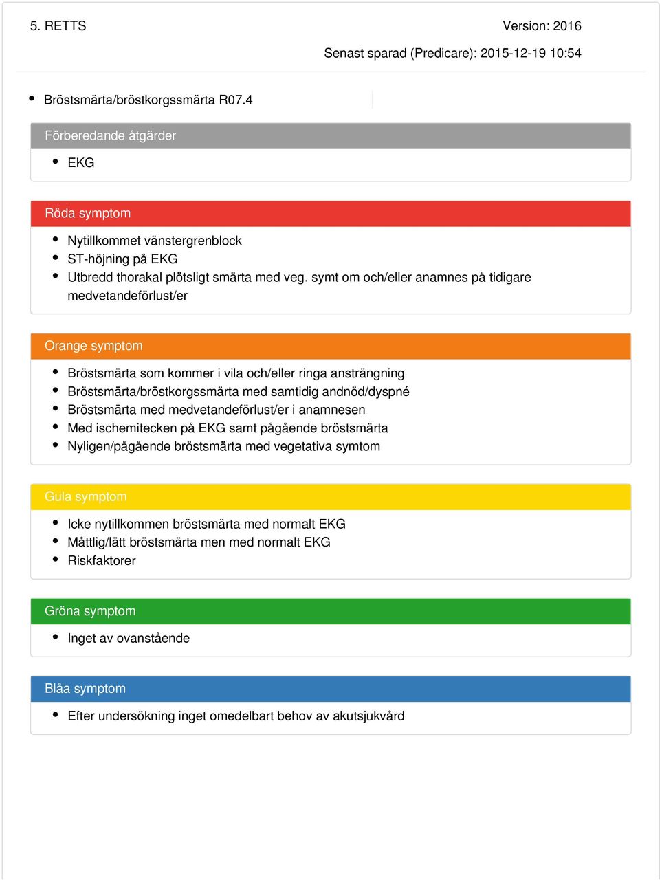 symt om och/eller anamnes på tidigare medvetandeförlust/er Orange symptom Bröstsmärta som kommer i vila och/eller ringa ansträngning Bröstsmärta/bröstkorgssmärta med samtidig andnöd/dyspné