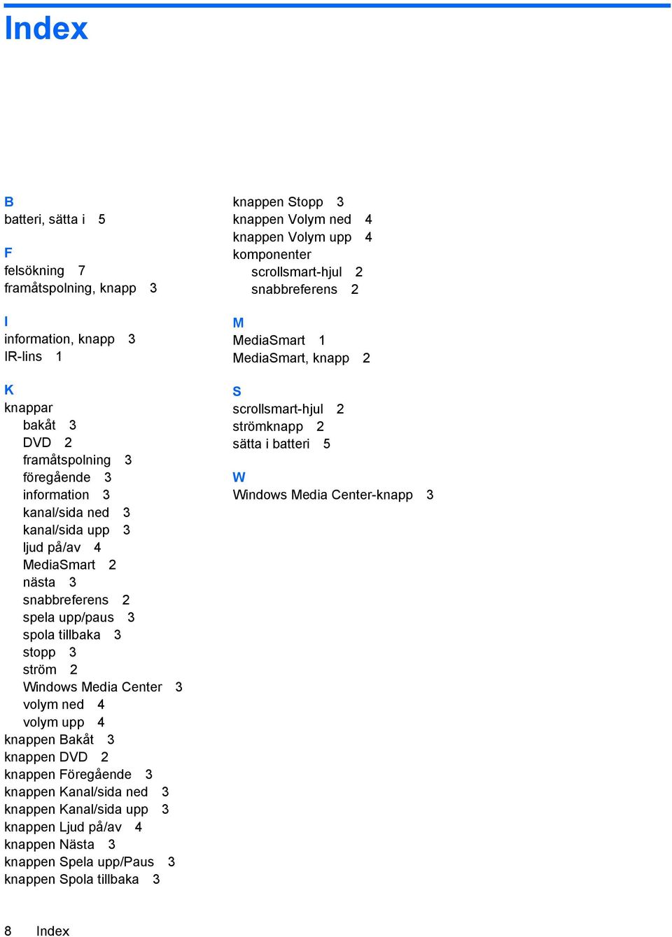 DVD 2 knappen Föregående 3 knappen Kanal/sida ned 3 knappen Kanal/sida upp 3 knappen Ljud på/av 4 knappen Nästa 3 knappen Spela upp/paus 3 knappen Spola tillbaka 3 knappen Stopp 3 knappen