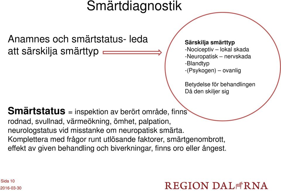 område, finns rodnad, svullnad, värmeökning, ömhet, palpation, neurologstatus vid misstanke om neuropatisk smärta.