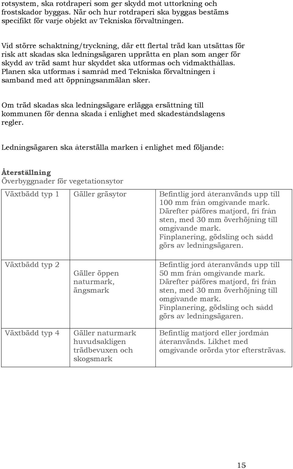 Planen ska utformas i samråd med Tekniska förvaltningen i samband med att öppningsanmälan sker.