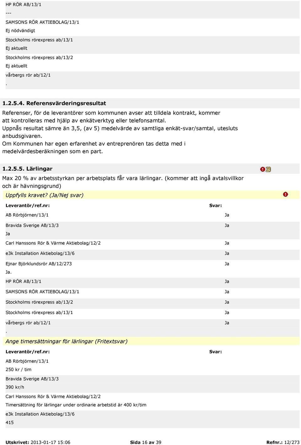 medelvärdesberäkningen som en part 1255 Lärlingar Max 20 % av arbetsstyrkan per arbetsplats får vara lärlingar (kommer att ingå avtalsvillkor och är hävningsgrund) Uppfylls kravet?