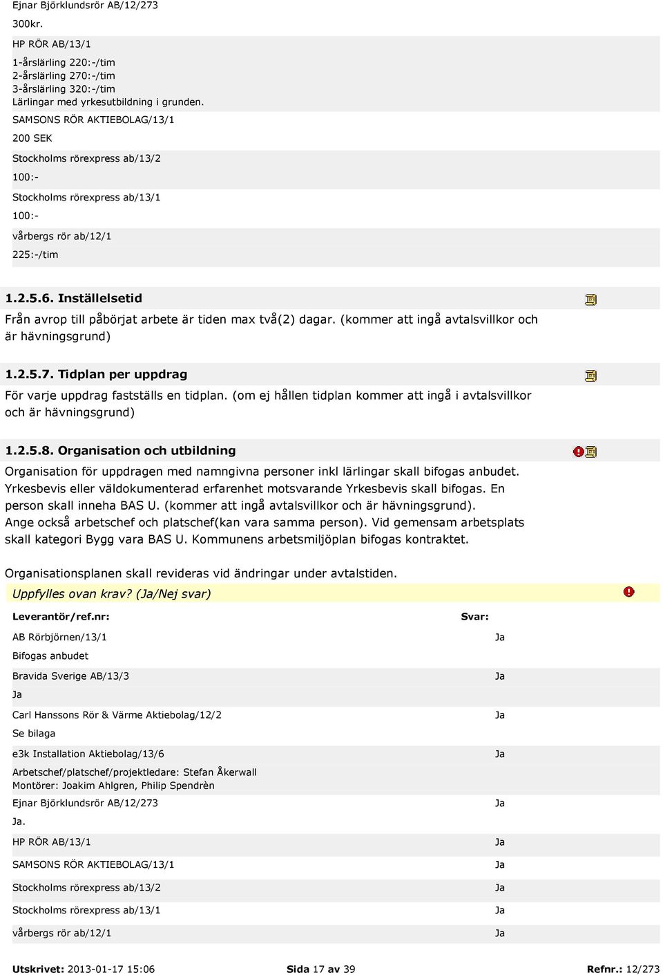 är hävningsgrund) 1258 Organisation och utbildning Organisation för uppdragen med namngivna personer inkl lärlingar skall bifogas anbudet Yrkesbevis eller väldokumenterad erfarenhet motsvarande