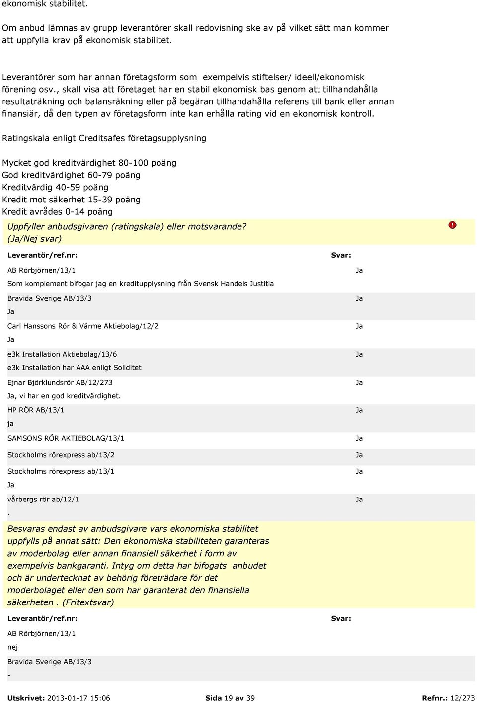 referens till bank eller annan finansiär, då den typen av företagsform inte kan erhålla rating vid en ekonomisk kontroll Ratingskala enligt Creditsafes företagsupplysning Mycket god kreditvärdighet