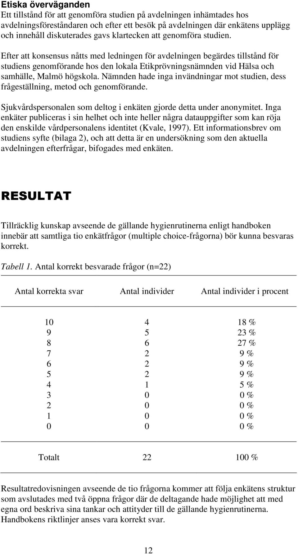 Efter att konsensus nåtts med ledningen för avdelningen begärdes tillstånd för studiens genomförande hos den lokala Etikprövningsnämnden vid Hälsa och samhälle, Malmö högskola.