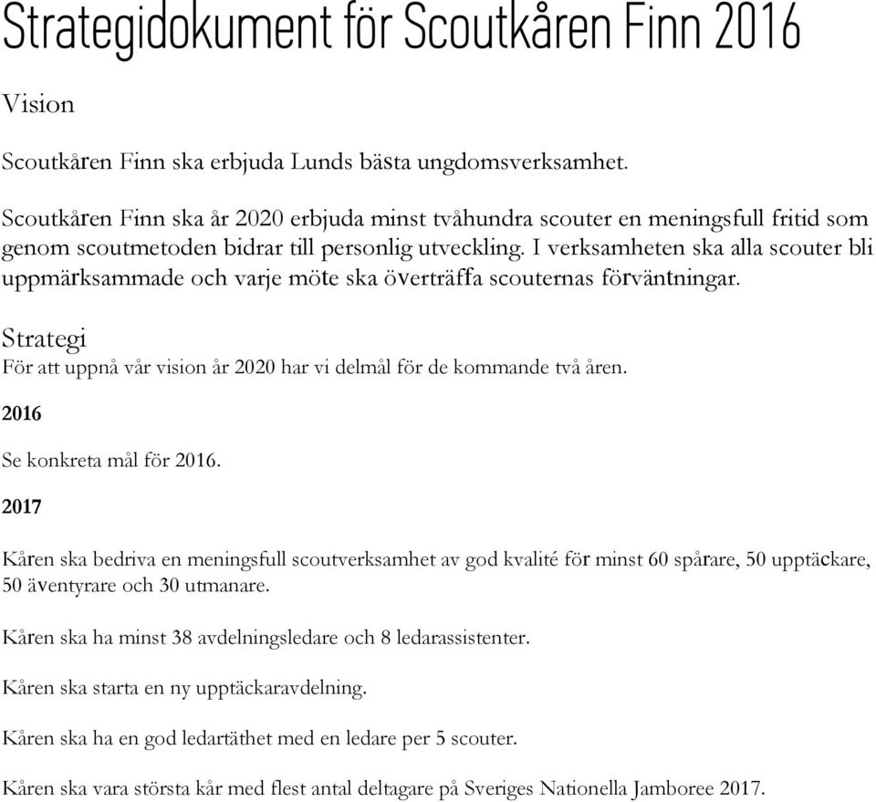 I verksamheten ska alla scouter bli uppmärksammade och varje möte ska överträffa scouternas förväntningar. Strategi För att uppnå vår vision år 2020 har vi delmål för de kommande två åren.