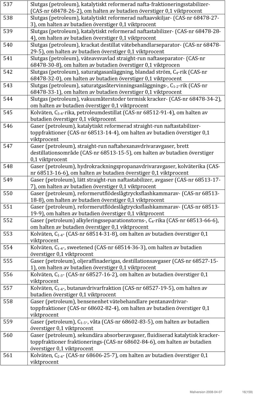 överstiger 0,1 viktprocent 540 Slutgas (petroleum), krackat destillat vätebehandlarseparator (CAS nr 68478 29 5), om halten av butadien överstiger 0,1 viktprocent 541 Slutgas (petroleum),