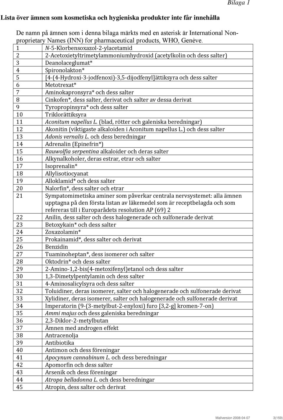 pr 1 N 5 Klorbensoxazol 2 ylacetamid 2 2 Acetoxietyltrimetylammoniumhydroxid (acetylkolin och dess salter) 3 Deanolaceglumat* 4 Spironolakton* 5 [4 (4 Hydroxi 3 jodfenoxi) 3,5 dijodfenyl]ättiksyra