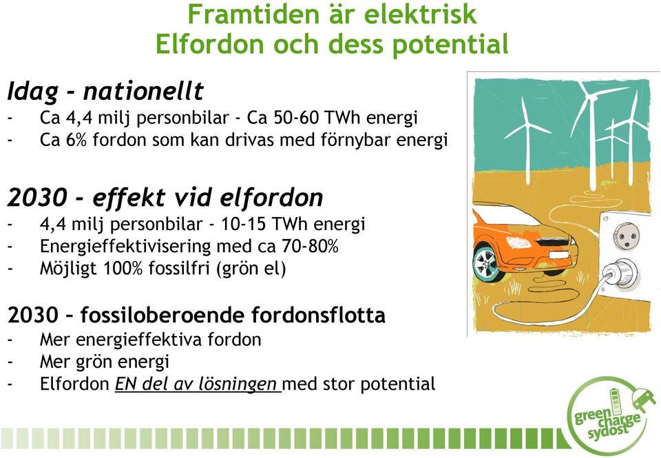 10-15 TWh energi - Energieffektivisering med ca 70-80% - Möjligt 100% fossilfri (grön el) 2030