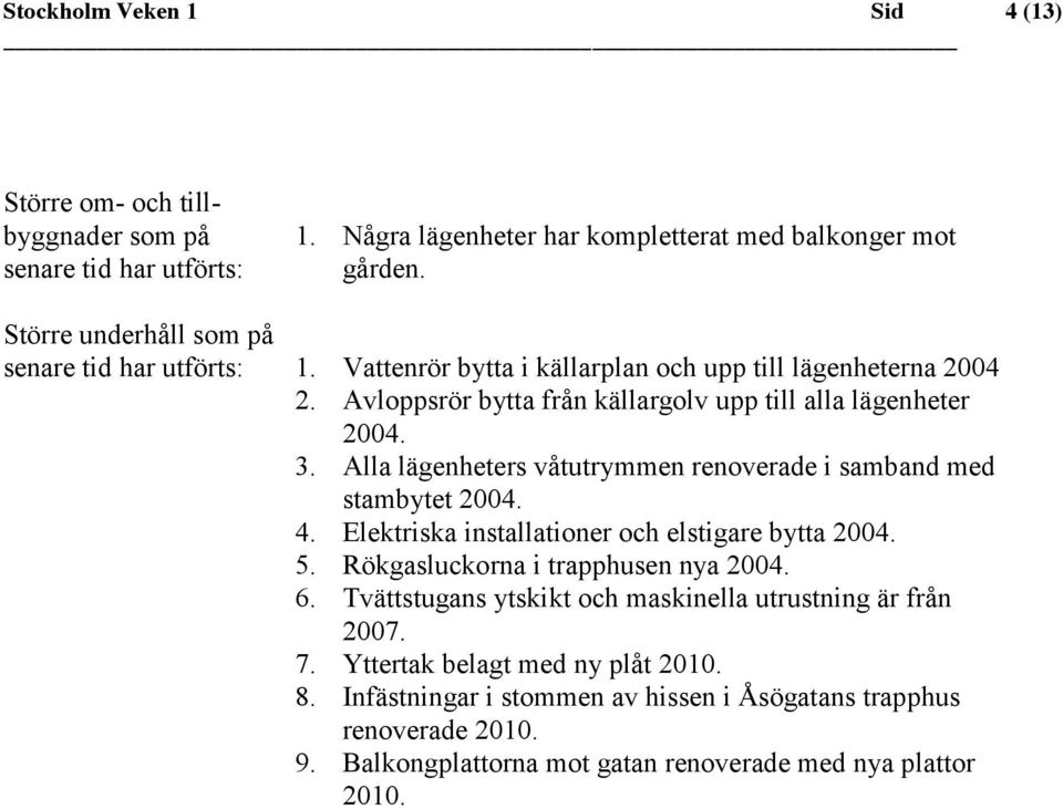 Alla lägenheters våtutrymmen renoverade i samband med stambytet 2004. 4. Elektriska installationer och elstigare bytta 2004. 5. Rökgasluckorna i trapphusen nya 2004. 6.