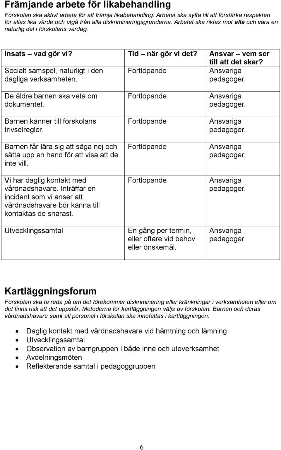 Insats vad gör vi? Tid när gör vi det? Ansvar vem ser till att det sker? Socialt samspel, naturligt i den dagliga verksamheten. De äldre barnen ska veta om dokumentet.