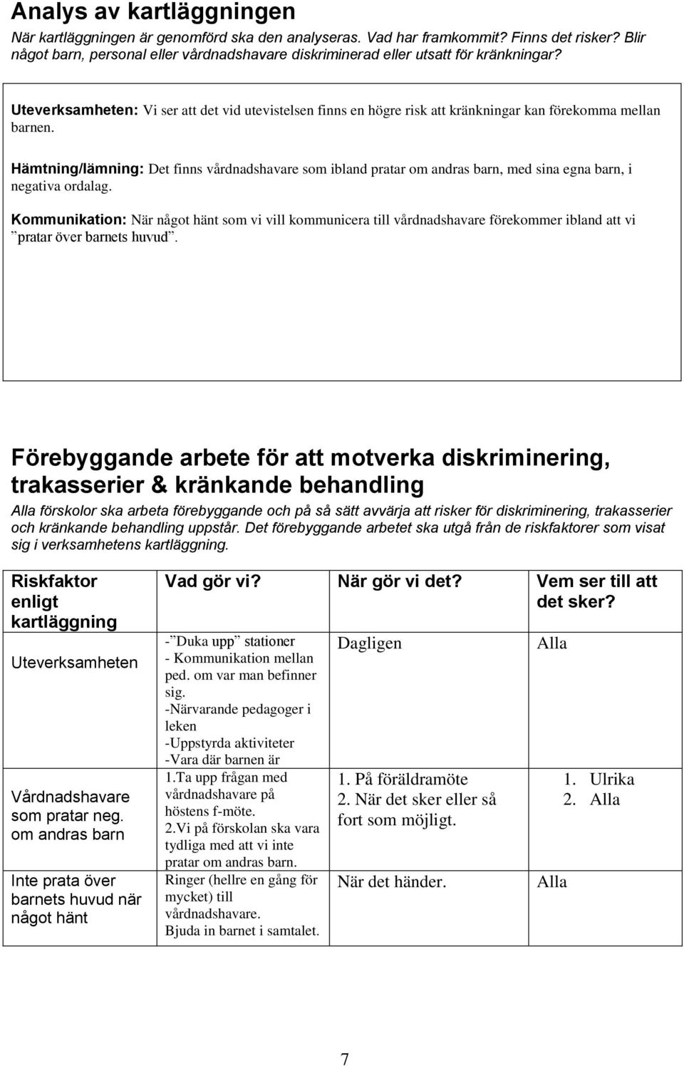 Uteverksamheten: Vi ser att det vid utevistelsen finns en högre risk att kränkningar kan förekomma mellan barnen.