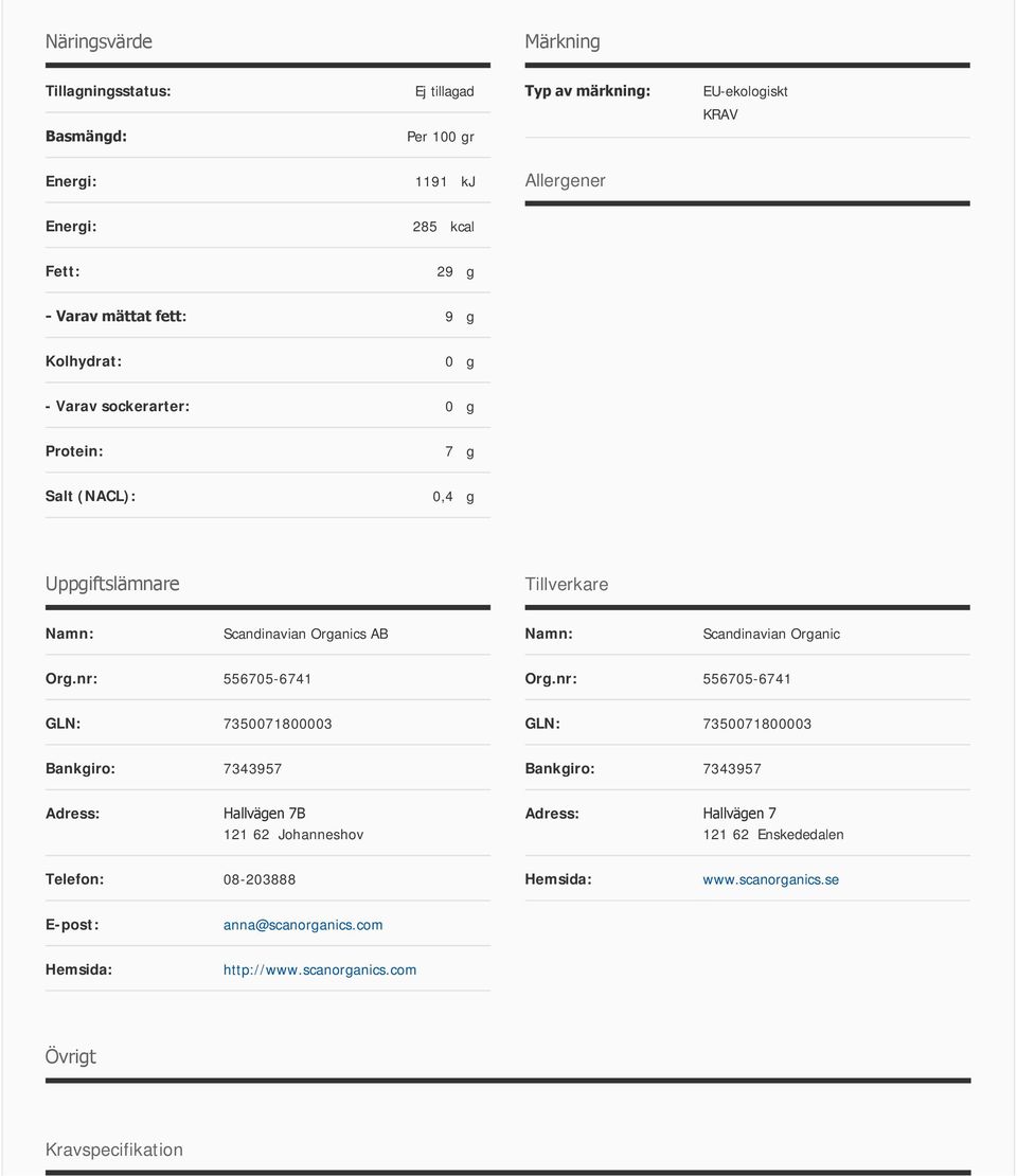 Scandinavian Organic Org.nr: 556705-6741 Org.