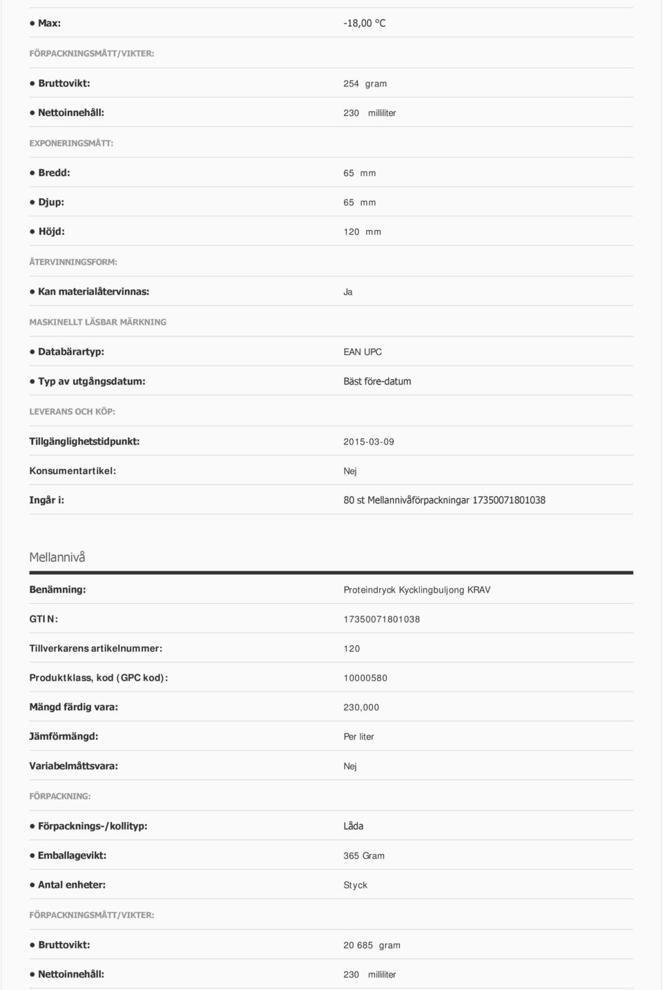 Mellannivåförpackningar 17350071801038 Mellannivå Benämning: GTIN: 17350071801038 Tillverkarens artikelnummer: 120 Produktklass, kod (GPC kod): 10000580 Mängd färdig vara: 230,000