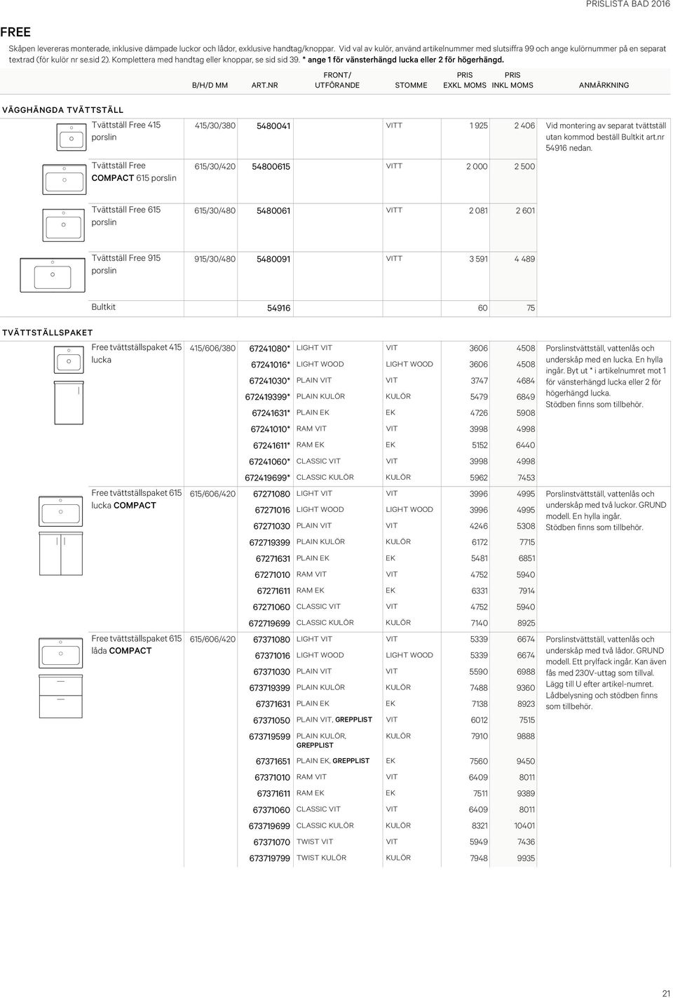 615/30/420 54800615 VITT 2 000 2 500 Tvättställ Free 615 porslin 615/30/480 5480061 VITT 2 081 2 601 Tvättställ Free 915 porslin 915/30/480 5480091 VITT 3 591 4 489 Bultkit 54916 60 75