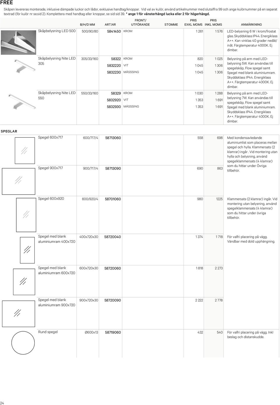 Kan användas till spegelskåp, Flow spegel samt 5832230 MÄSSSING 1 045 1 306 Spegel med blank aluminiumram. A++. Färgtemperatur 4000K.