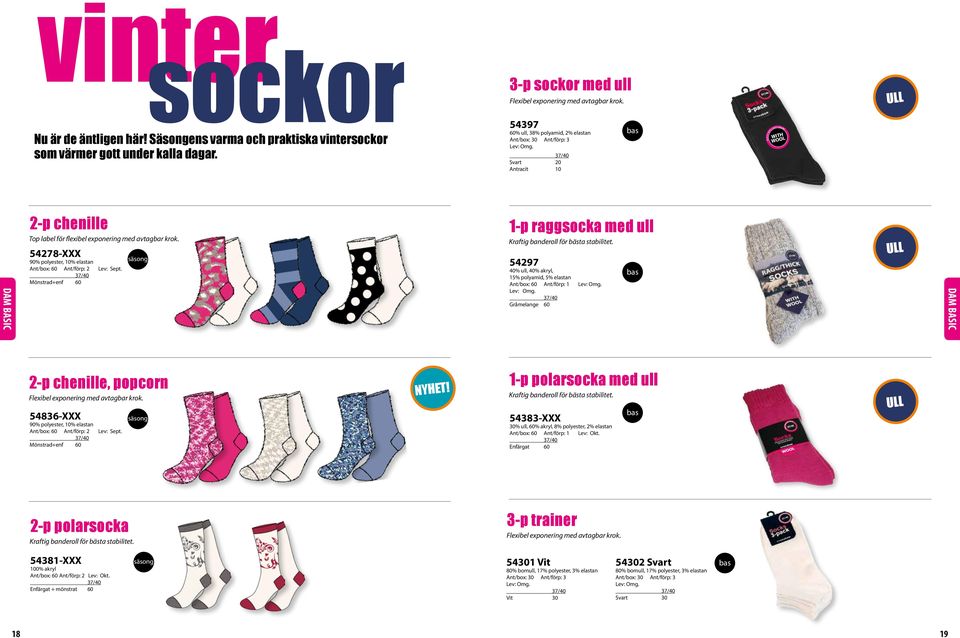 54397 60% ull, 38% polyamid, 2% elastan Ant/box: 30 Ant/förp: 3 Svart 20 Antracit 10 WITH WOOL 375 DAM BASIC 2-p chenille Top label för flexibel exponering med avtagbar krok.
