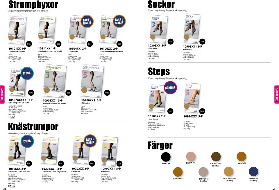 X1-pack/färg 10104XX 2-P Tåförstärkt 36/44 20 den crepe Färg: Alla utom 33 12 X 2-pack/färg 10106XX 2-P Tåförstärkt Extra stor grenkil 44/52 20 den crepe Färg: Alla utom 33 12 X 2-pack/färg 10303XX