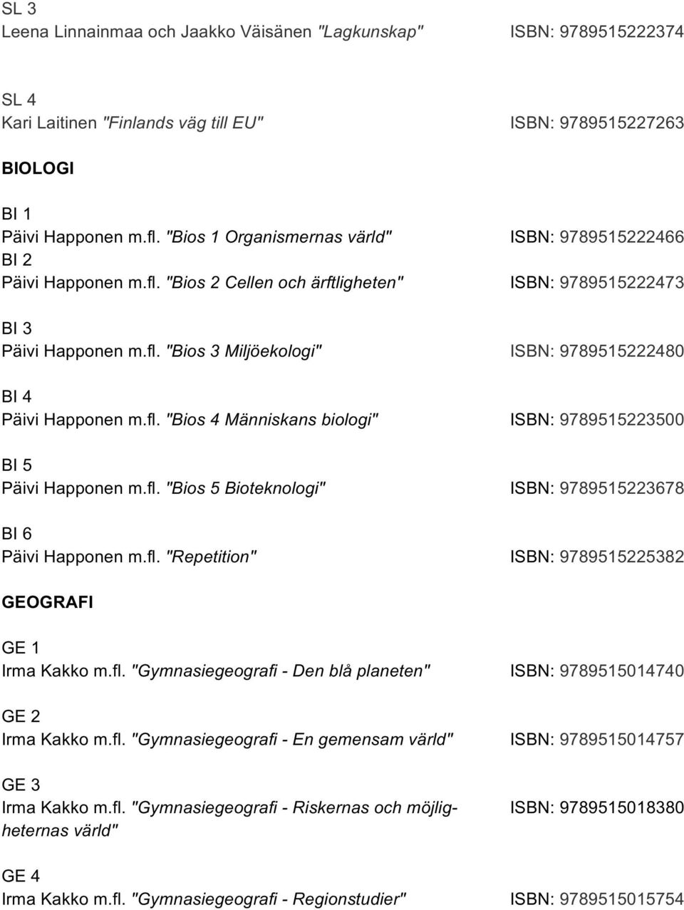 fl. "Bios 4 Människans biologi" ISBN: 9789515223500 BI 5 Päivi Happonen m.fl. "Bios 5 Bioteknologi" ISBN: 9789515223678 BI 6 Päivi Happonen m.fl. "Repetition" ISBN: 9789515225382 GEOGRAFI GE 1 Irma Kakko m.