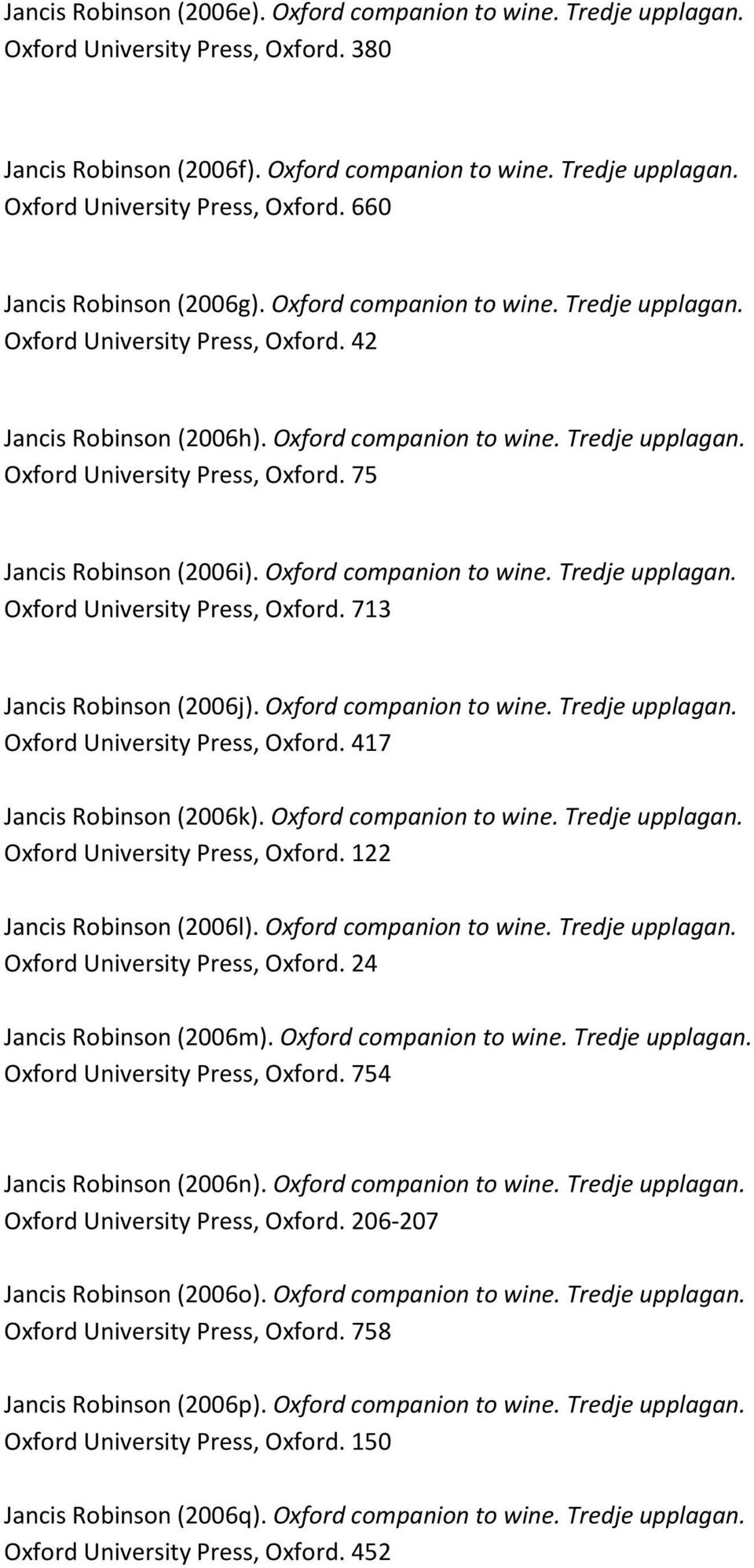 Oxford companion to wine. Tredje upplagan. Oxford University Press, Oxford. 713 Jancis Robinson (2006j). Oxford companion to wine. Tredje upplagan. Oxford University Press, Oxford. 417 Jancis Robinson (2006k).