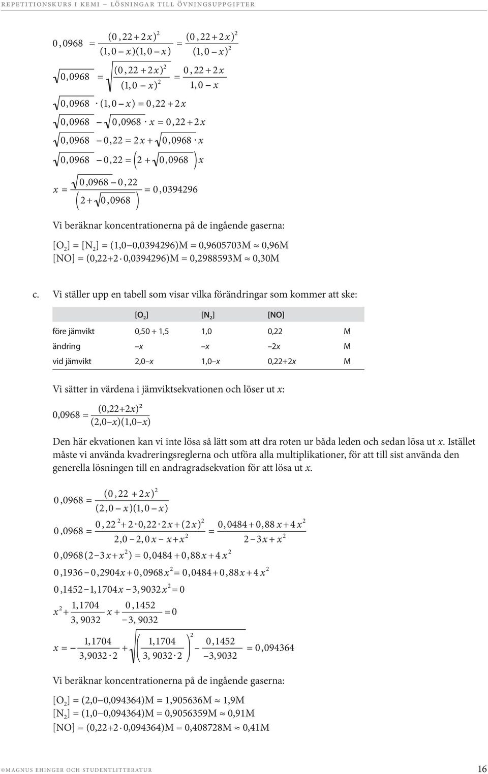 Vi ställer upp en tabell som visar vilka förändringar som kommer att ske: [O ] [N ] [NO] före jämvikt 0,50 + 1,5 1,0 0, M ändring x x x M vid jämvikt,0 x 1,0 x 0,+x M Vi sätter in värdena i
